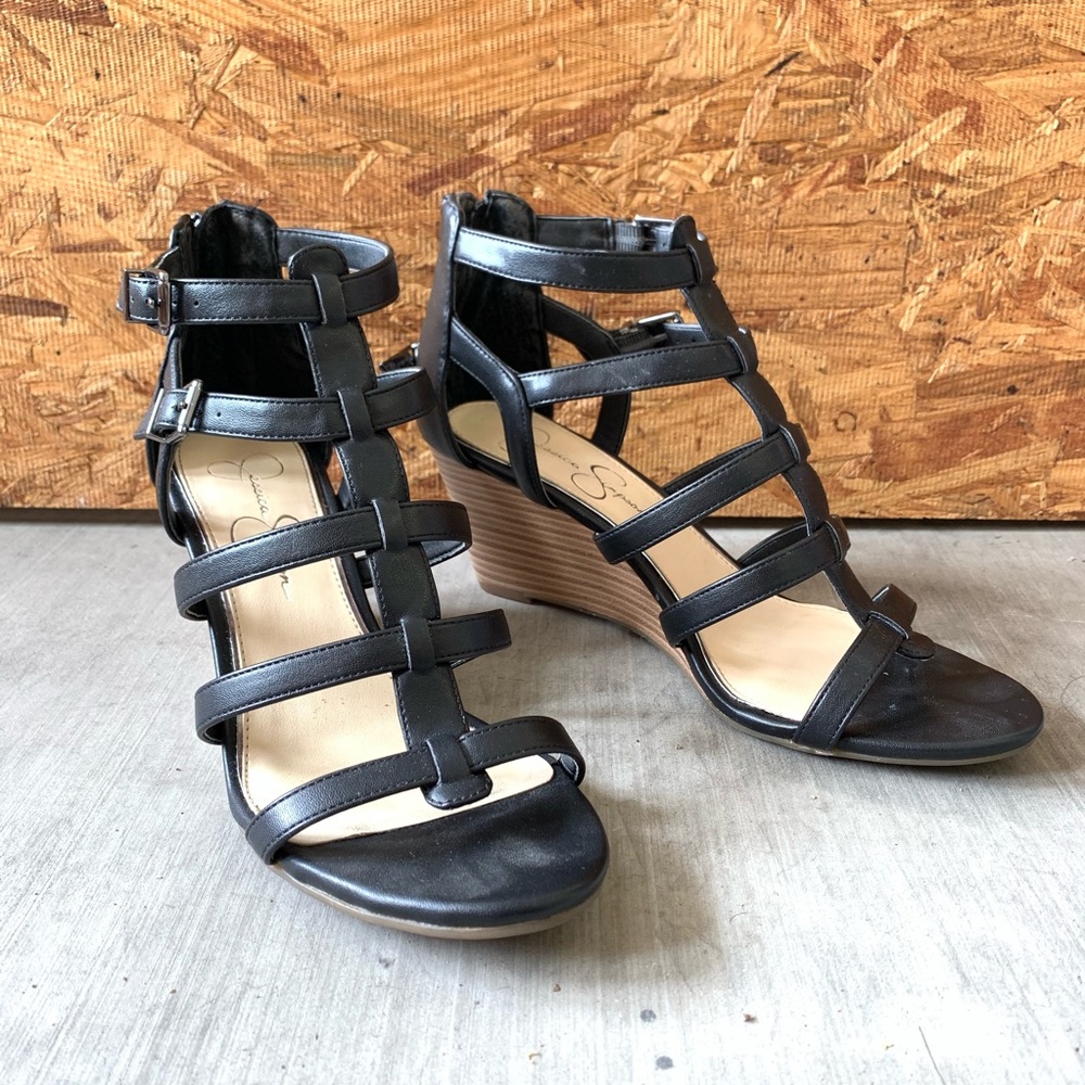 Black Jessica Simpson Stacked Wedge Sandals
